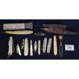 Bag of assorted pen knives, cut throat razor etc and small African dagger. (B.P. 21% + VAT)