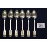 Set of six similar fiddle pattern teaspoons, probably Georgian but not bearing English hallmarks,