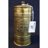 Early 20th Century brass cylindrical miner's tobacco box with cover, applied plate engraved 'T.H.