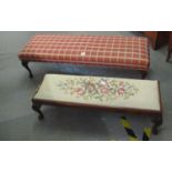 Early 20th Century upholstered footstool of rectangular form on cabriole legs. 125cm long approx.