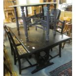 Mid Century stained oak refectory type table, together with a set of five stained ladder back dining