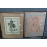 Coloured etching entitled '1807 Napoleon a Friedland', framed and glazed. 30 x 21cm approx. Together