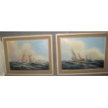 Philip Marchington, fishing smacks under sail in heavy seas, a pair, signed, oils on canvas. 29 x