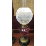 Early 20th century double oil burner lamp having frosted and etched globular shade cranberry
