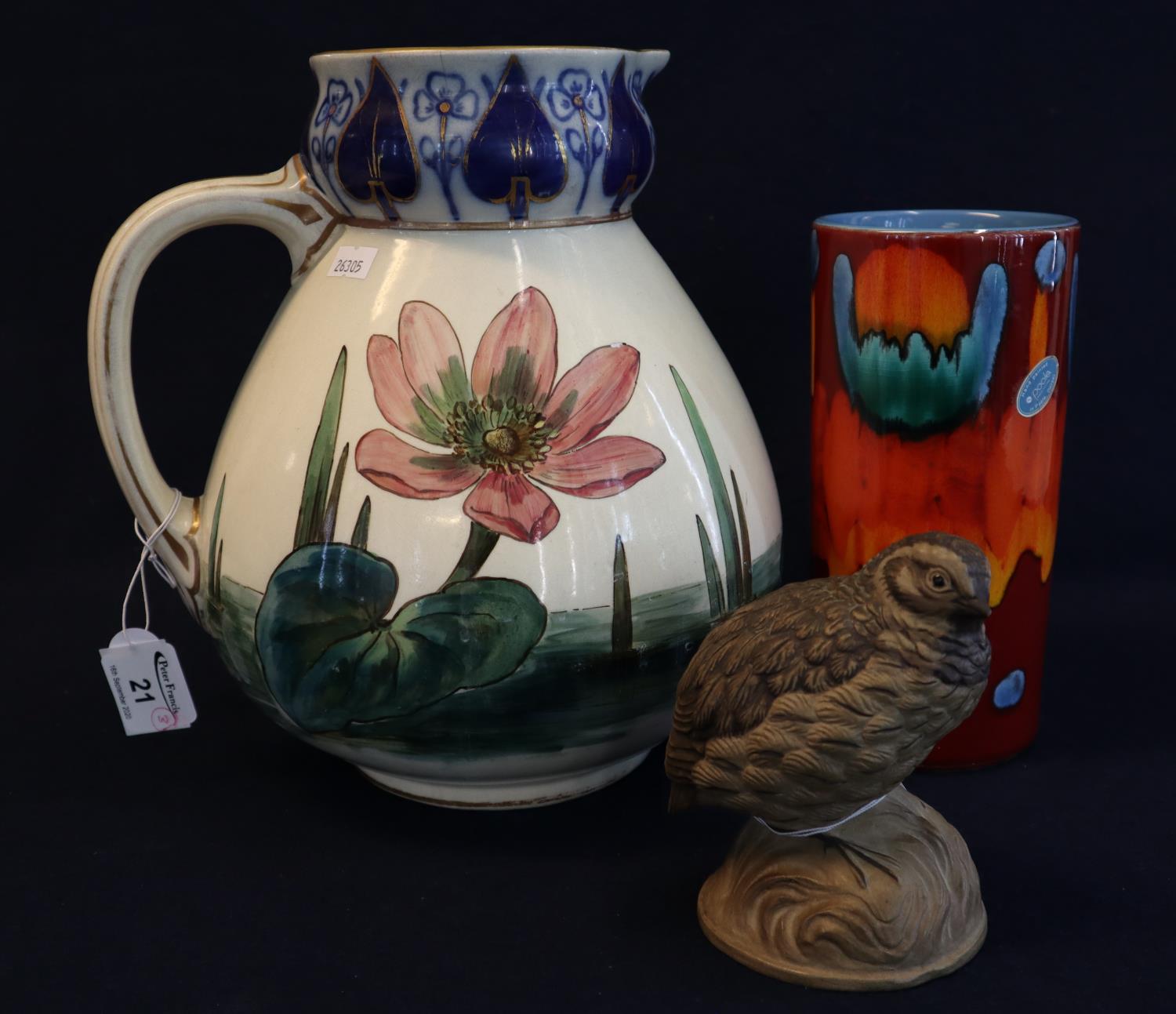 Poole pottery cylindrical lava type vase, together with a Poole pottery study of a thrush probably