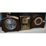 Enfield three train mantel clock together with anvil hat shaped three train mantel clock and a brass
