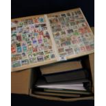 Box with five stockbooks and album of all world stamps. Many 100's with lots of thematics. (B.P. 21%