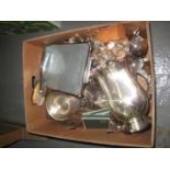 Box of assorted metalware, various to include; teaware, table candelabra, cake basket, ladies