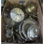 Box of mainly metalware, various to include; brass trays, brass trivet stands, silver plated trumpet