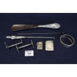 Bag of silver and other items to include; two silver vesta cases, shoe horn with silver plated
