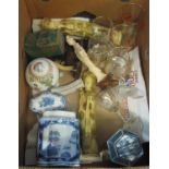 Box of assorted oriental and other items to include; ginger jar and cover, boxes and covers, tea