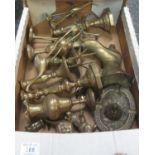 Box of assorted brassware to include; candlesticks, Middle Eastern design vases, ashtray, bird