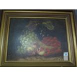 Still life study of fruits in a basket, oils on canvas, unsigned. Gilt frame, 49 x 36cm approx. (B.
