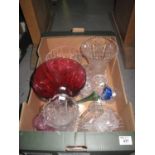 Box of assorted glassware, coloured and clear to include; vases, bowls etc. (B.P. 21% + VAT)