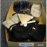 Box of vintage ladies handbags to include; three beaded bags, a gold brocade clutch bag, a black