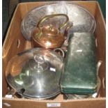 Box of assorted metalware to include; large tureen and cover with ladle, cased carving set, silver