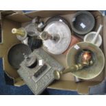 Box of oddments to include; brass pestle and mortar, Edwardian desk inkwell, silver plated chamber