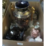 Box of assorted china to include; large two handled figural gilded vase, Staffordshire spaniels,
