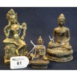 3 probably Tibetan yellow metal Buddha figures. The largest within inset cabuchon coloured stones