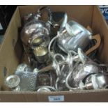Box of assorted metalware to include; table candelabra, Picquot ware teapot, silver plated teaset,