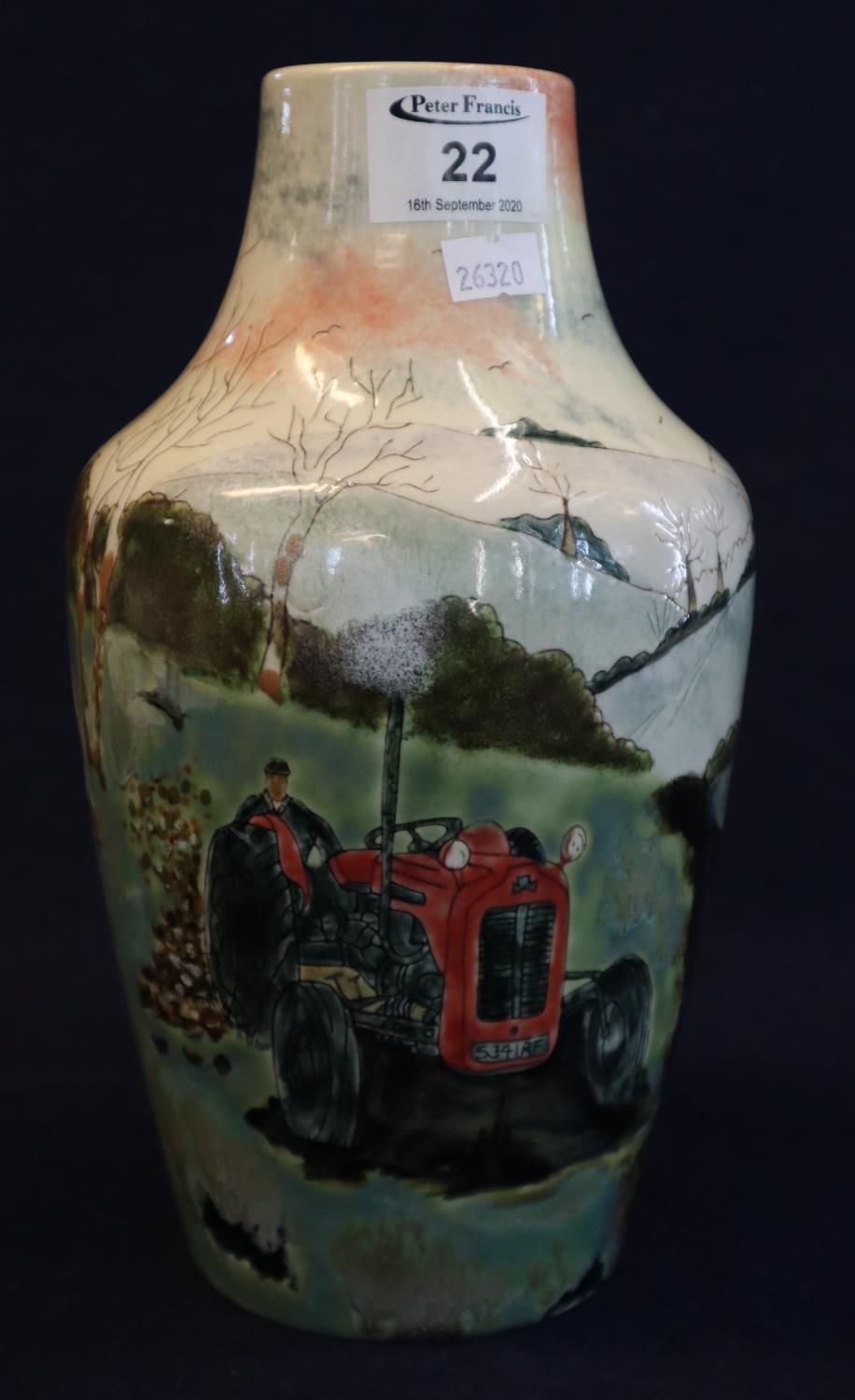 Cobridge stoneware 'The Logging' pattern vase decorated with a rural scene of a tractor and