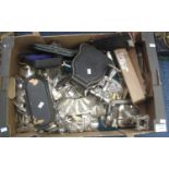 Box of assorted silver plate and other items to include; loose plated cutlery, candlesticks, empty