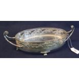 WMF silver plated twin handled bowl with pierced foliate banding and glass liner. Impressed marks to