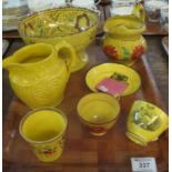 Tray of 19th Century transfer printed and hand painted canary yellow pottery, to include; baluster