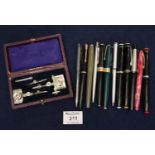 Box of assorted fountain and other pens, various, together with a cased Reeves & Sons cased