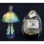John Ditchfield style glass paperweight in the form of an iridescent mushroom with silver plated