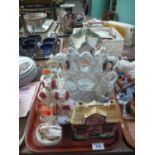 Tray of Staffordshire flat back figurines, pair of spaniels, cottages/buildings etc. (B.P. 21% +