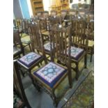 Set of four oak barley twist and slat back dining chairs with stuff over tapestry seats. (4) (B.P.