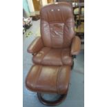 Modern brown leather swivel armchair with matching footstool. (B.P. 21% + VAT)