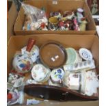 Two boxes of assorted china and other items, various to include; continental figurines, souvenir