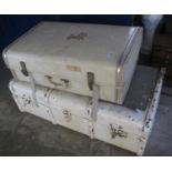 A vintage metal banded trunk, together with a cream suitcase. (B.P. 21% + VAT)