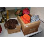 Two boxes of vintage hats including: two Mink fur one by Mitzi Lorenz, two brightly coloured feather