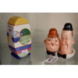 Wedgwood Clarice Cliff collection sugar sifter, together with a Beswick Laurel and Hardy cruet