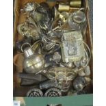Box of assorted metalware, various to include; brass goblets, silver plated tray, butter dish on