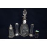 Hob nail cut mallet shaped decanter with stopper and silver collar, Birmingham hallmarks. Together