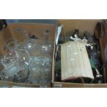 Box of assorted glassware to include; decanters, carafe, two handled bowl etc. Together with another