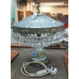 Mid Century glass table lamp with ceramic base of stylised flowers with drop lustres on a brass
