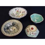 4 Chinese porcelain items comprising of a modern famille rose pedestal bowl with character marks