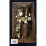 Box of oddments to include; wristwatches, NSPCC and other badges, coins etc. (B.P. 21% + VAT)