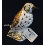 Royal Crown Derby bone china 'Song Thrush' paperweight with gold stopper in original box. (B.P.