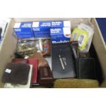 Box of oddments to include; modern watches, Smiths travelling alarm clock, pen knife, vintage