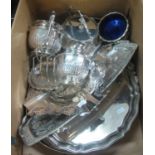 Box of assorted silver plate to include; trays, toast rack, cream jug and matching sucrier etc. (B.