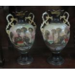 Pair of early 20th century two handled pottery baluster vases on pedestal base marked impressed