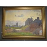 John Wynne Hopkins (20th Century), Kidwelly castle and village, signed and dated '92, oils on board.