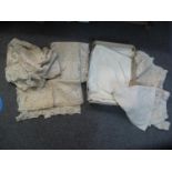 Box of good quality lace and crochet tablecloths, together with antique dressmakers fabric with