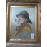 Portrait of an elderly gentleman in hat and coat smoking a pipe, oils on canvas, unsigned, in gilt